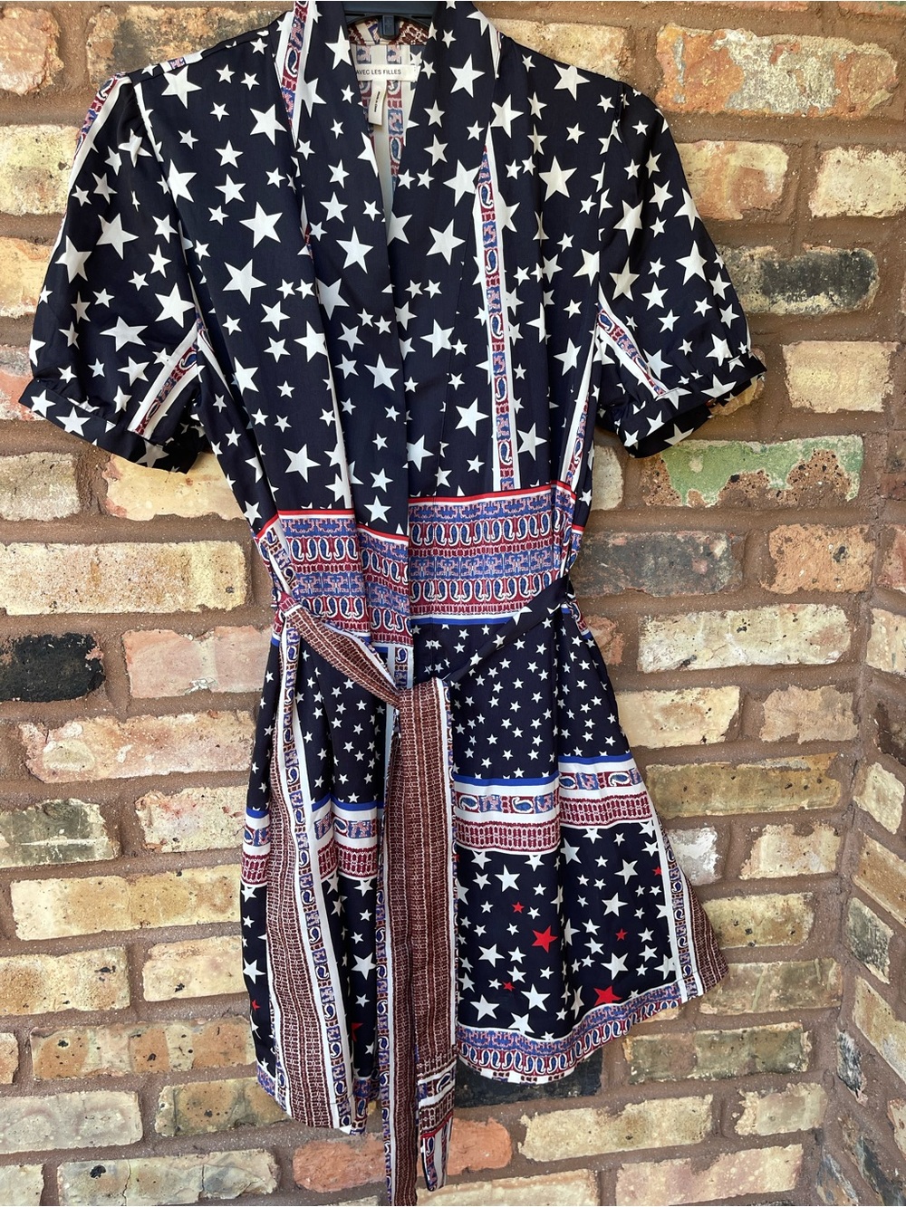 Avec Les Filles Navy Star Print Tie-Waist Dress with Red & White Accents Sz 6